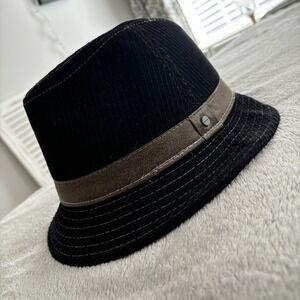 Stetson Fedora Hat Size Large Black Corduroy Cotton Brown Leather Band Indie